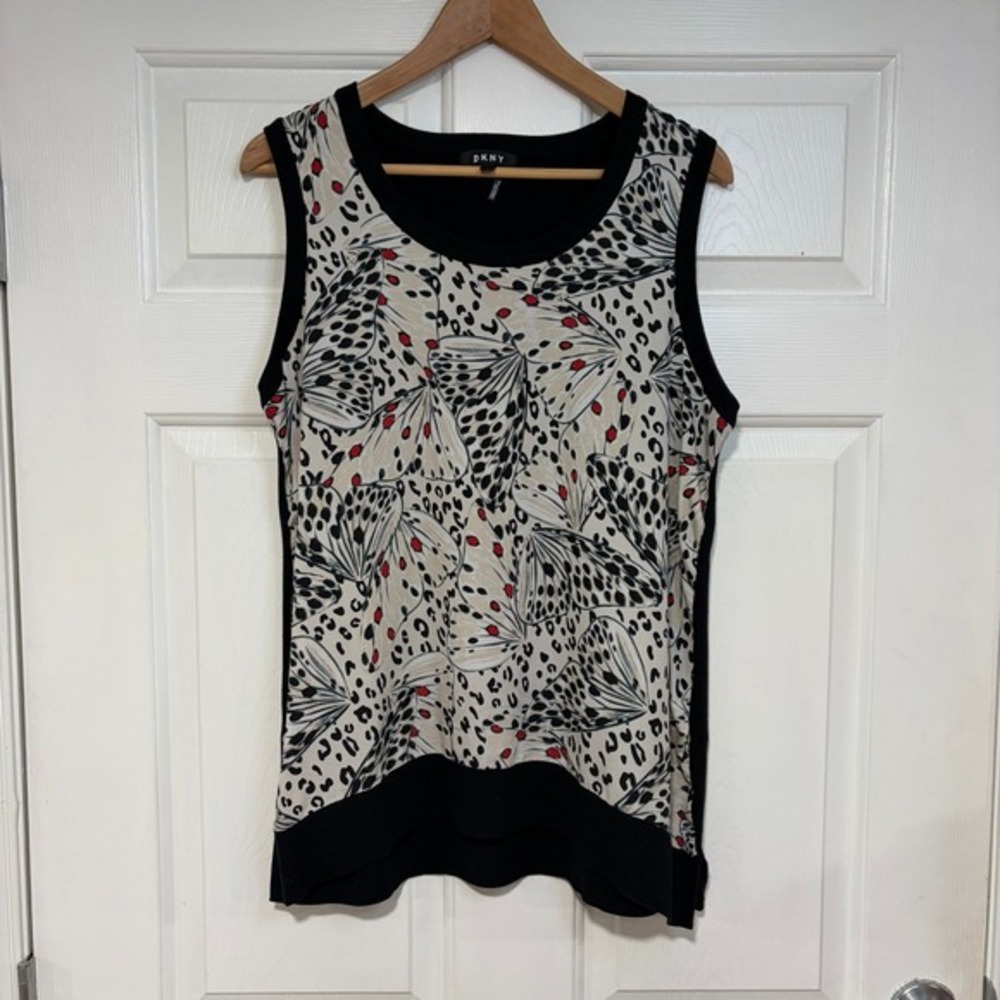 Butterfly Moth Wing Print Sleeveless Tank Top DKNY Womens L Black Cotton Cottage